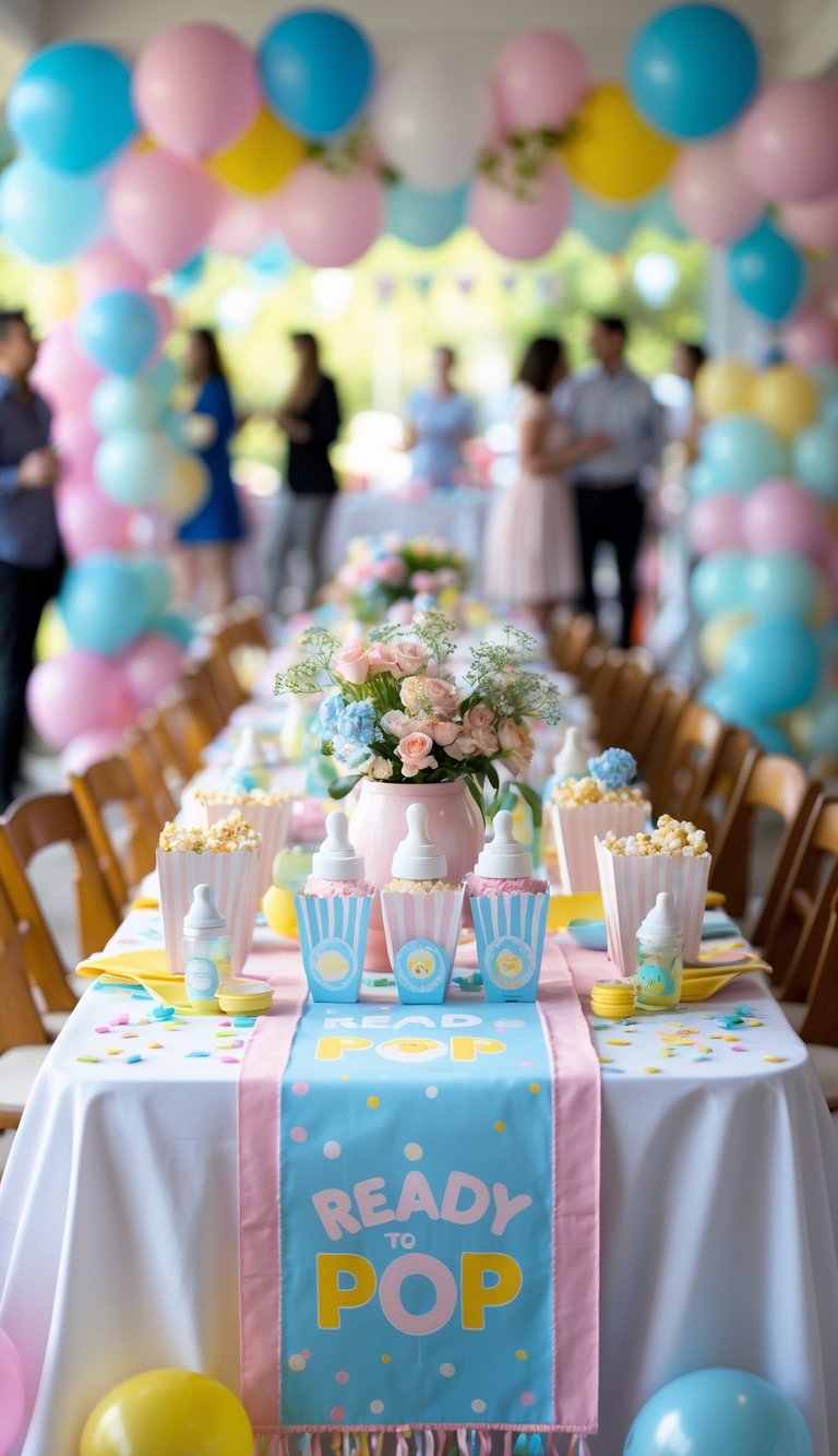 A decorated baby shower table with a colorful table runner, popcorn-themed centerpieces, balloons, and floral arrangements.